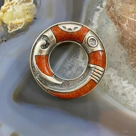Carolyn Pollack Jewelry - Carolyn Pollack Southwestern Style Sterling Silver Coral Chip Inlay Ring Brooch